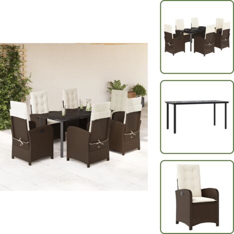 The Living Store Set comedor de jardín 7 pzas con cojines ratán sintético marrón - Sillas de jardín reclinables