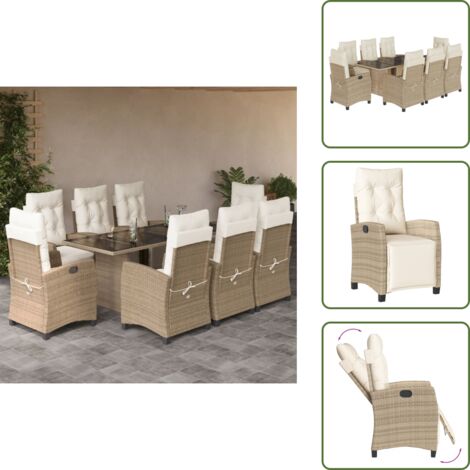 The Living Store Set comedor de jardín 9 pzas con cojines ratán sintético beige - Asientos de jardín