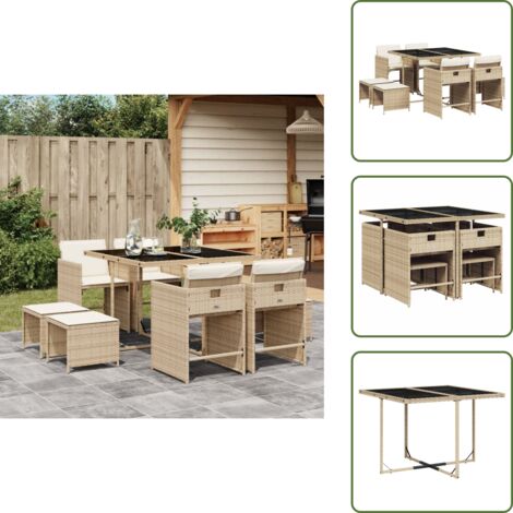 The Living Store Set comedor de jardín 9 pzas con cojines ratán sintético beige - Sillas de jardín