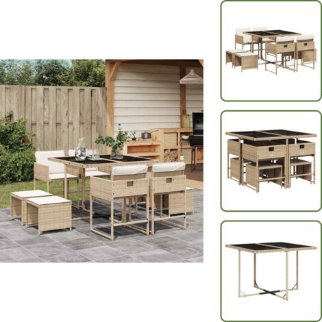 The Living Store Set comedor de jardín 9 pzas con cojines ratán sintético beige - Sillas de jardín
