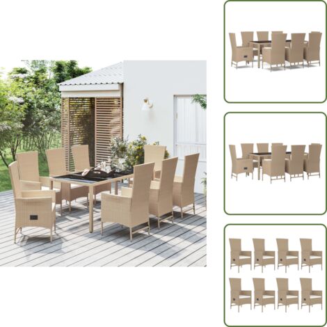 The Living Store Set comedor de jardín 9 pzas con cojines ratán sintético beige - Sillas reclinables