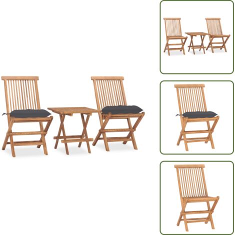 The Living Store Set comedor de jardín plegable 3 piezas madera de teca cojines - Muebles de jardín