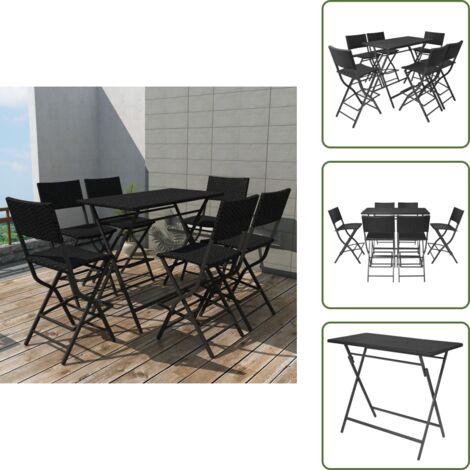 The Living Store Set comedor de jardín plegable 7 pzas poli ratán y acero negro - Bar de jardín