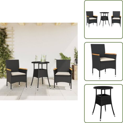 The Living Store Set comedor jardín 3 pzas cojines ratán sintético vidrio negro - Muebles de jardín