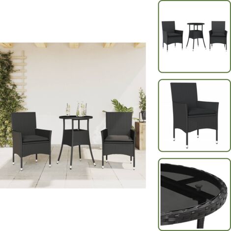The Living Store Set comedor jardín 3 pzas cojines ratán sintético vidrio negro - Muebles de jardín