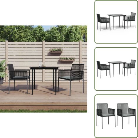 The Living Store Set comedor jardín 3 pzas y cojines acero ratán sintético negro - Comedor de jardín