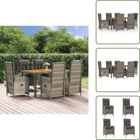 The Living Store Set comedor jardín 7 pzas y cojines ratán sintético gris - Sillas de jardín reclinables