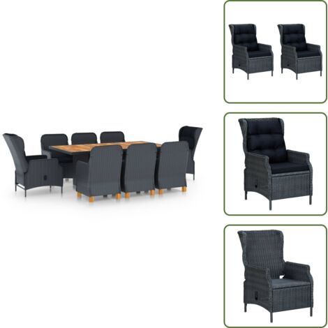 The Living Store Set comedor jardín 9 piezas cojines ratán sintético gris oscuro - Sillas reclinables