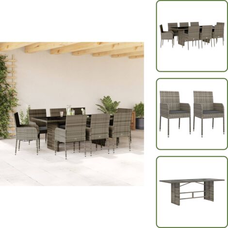 The Living Store Set comedor jardín 9 pzas y cojines ratán sintético gris - Muebles de jardín