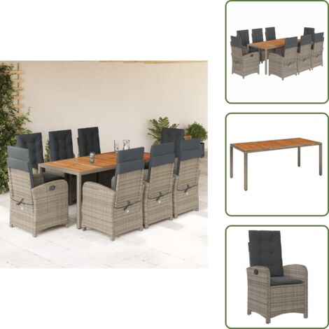 The Living Store Set comedor jardín 9 pzas y cojines ratán sintético gris - Sillas de jardín reclinables