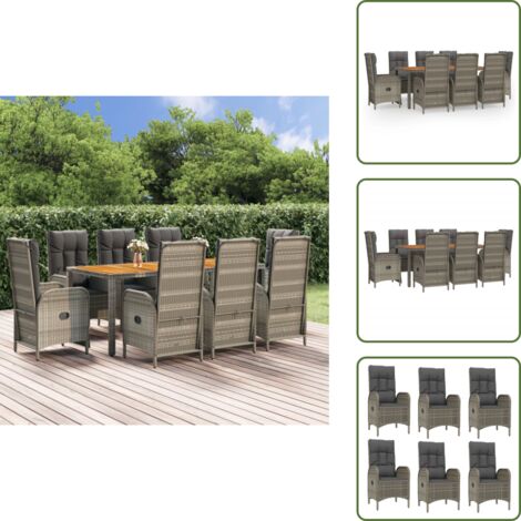 The Living Store Set comedor jardín 9 pzas y cojines ratán sintético gris - Sillas de jardín reclinables