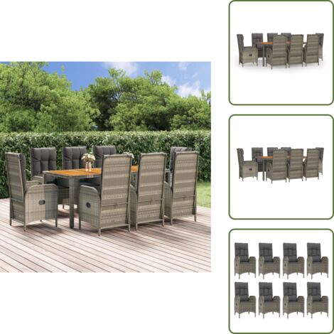 The Living Store Set comedor jardín 9 pzas y cojines ratán sintético gris - Sillas de jardín reclinables