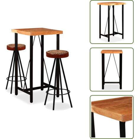 The Living Store Set da Bar 3 pz in Legno Massello Acacia in Pelle Vera e Tela - Tavolo da bar in acacia