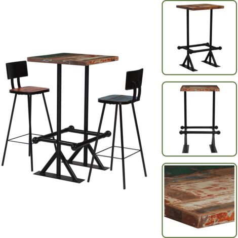 The Living Store Set da Bar 3 pz in Legno Massello di Recupero Multicolore - Set da bar in legno