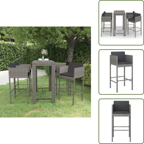 The Living Store Set da Bar da Giardino 5 pz con Cuscini in Polyrattan Grigio - Sedile da bar