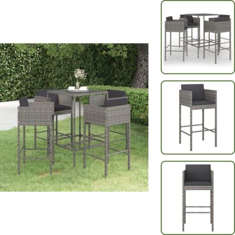 The Living Store Set da Bar da Giardino 5 pz con Cuscini in Polyrattan Grigio - Sedile da bar