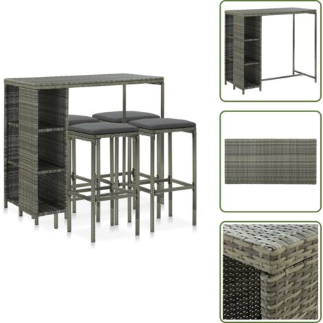 The Living Store Set da Bar da Giardino 5 pz con Cuscini in Polyrattan Grigio - Set da bar