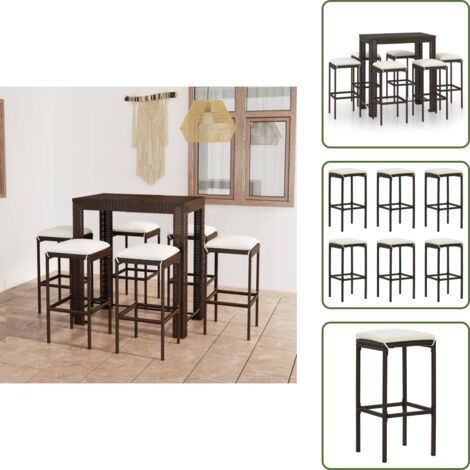 The Living Store Set da Bar da Giardino 7 pz con Cuscini in Polyrattan Marrone - Tavolo da bar