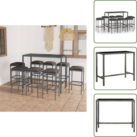 The Living Store Set da Bar da Giardino 9 pz con Cuscini in Polyrattan Grigio - Tavolo da bar