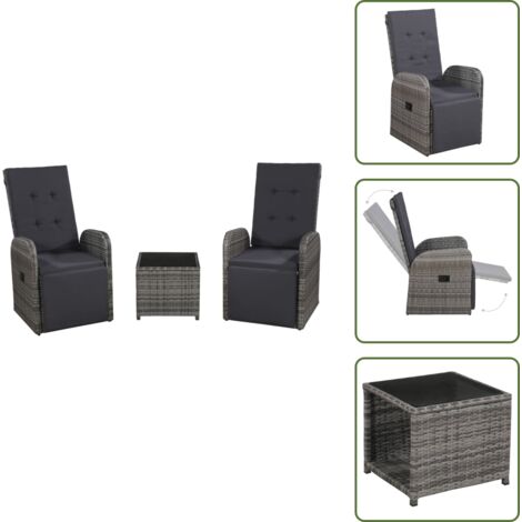 The Living Store Set da Bistrot 3 pz con Cuscini in Polyrattan Grigio - Sedie da patio