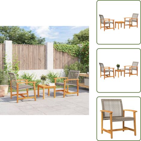 The Living Store Set da Bistrot 3 pz Grigio in Polyrattan e Legno di Acacia - Tavolo da giardino
