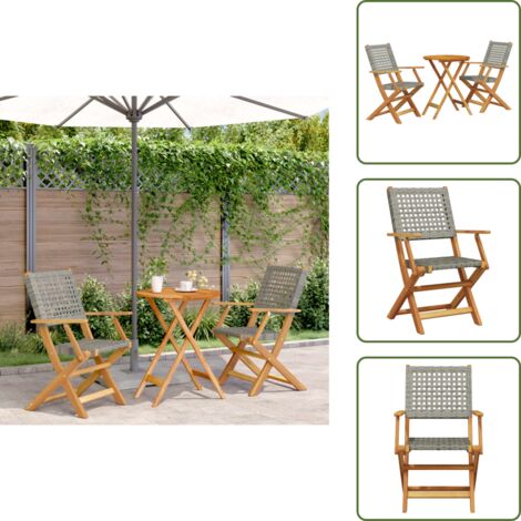 The Living Store Set da Bistrot 3 pz Grigio in Polyrattan e Legno Massello - Sedie da giardino