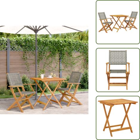 The Living Store Set da Bistrot 3 pz Grigio in Polyrattan e Legno Massello - Sedie da giardino