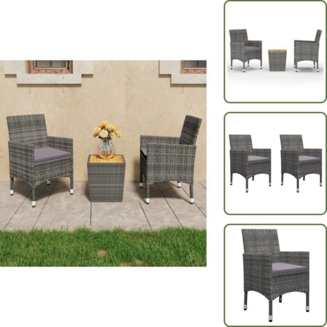 The Living Store Set da Bistrot 3 pz in Polyrattan e Legno Acacia Grigio - Tavolo da giardino