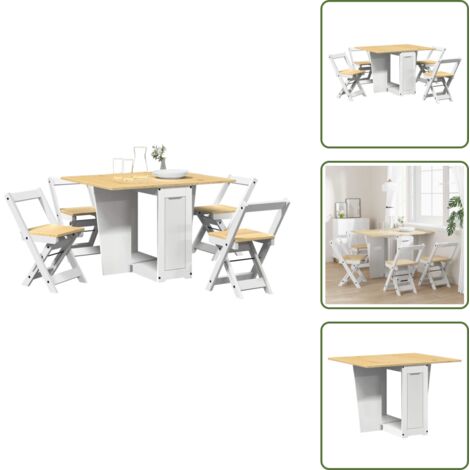 The Living Store Set da Pranzo 5 pz Corona Pieghevole Bianco in Legno di Pino - Tavolo pieghevole
