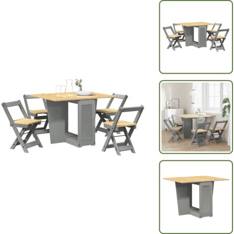 The Living Store Set da Pranzo 5 pz Corona Pieghevole Grigio in Legno di Pino - Tavolo pieghevole