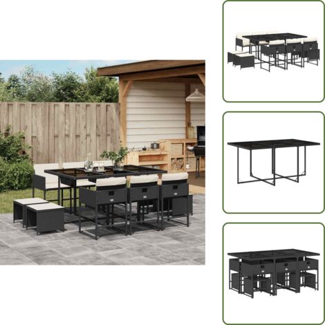 The Living Store Set da Pranzo da Giardino 11 pz con Cuscini in Polyrattan Nero - Sedie da giardino