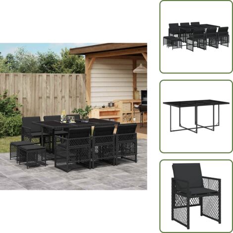 The Living Store Set da Pranzo da Giardino 11 pz con Cuscini in Polyrattan Nero - Sedie da giardino