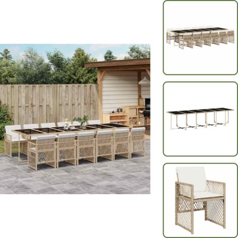 The Living Store Set da Pranzo da Giardino 13 pz con Cuscini Beige in Polyrattan - Sedie da giardino
