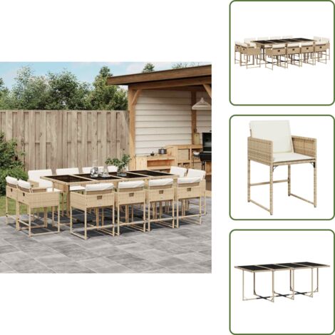 The Living Store Set da Pranzo da Giardino 13 pz con Cuscini Beige in Polyrattan - Sedie da giardino