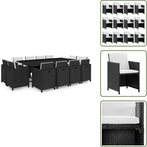 The Living Store Set da Pranzo da Giardino 13 pz con Cuscini in Polyrattan Nero - Mobili da giardino