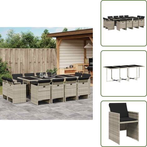 The Living Store Set da Pranzo da Giardino 13pz con Cuscini Grigio in Polyrattan - Sedie da giardino