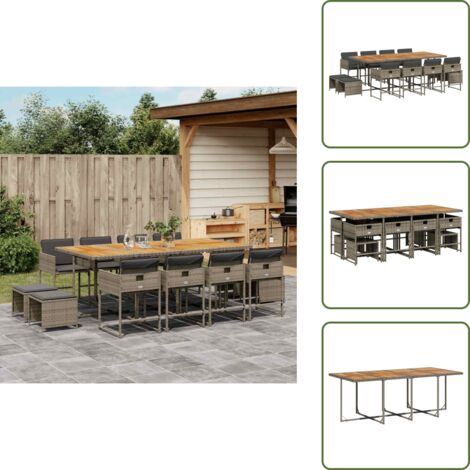The Living Store Set da Pranzo da Giardino 13pz con Cuscini Grigio in Polyrattan - Sedie da giardino