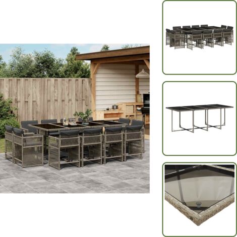 The Living Store Set da Pranzo da Giardino 13pz con Cuscini Grigio in Polyrattan - Sedie da giardino