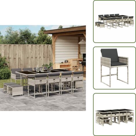 The Living Store Set da Pranzo da Giardino 13pz con Cuscini Grigio in Polyrattan - Sedie da giardino