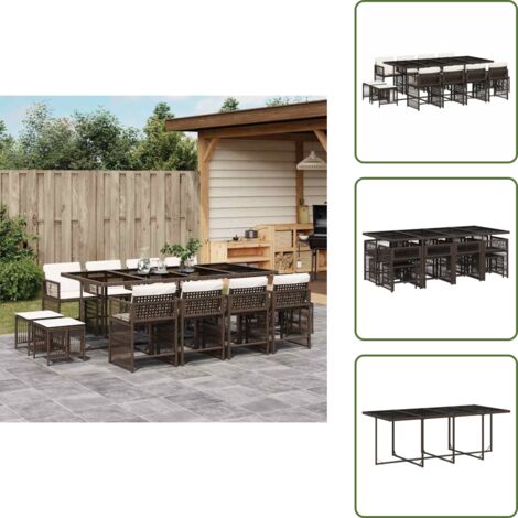 The Living Store Set da Pranzo da Giardino 13pz con Cuscini Marrone Polyrattan - Sedie da giardino