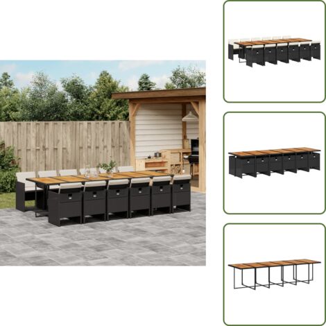 The Living Store Set da Pranzo da Giardino 13pz con Cuscini Nero in Polyrattan - Sedie da giardino