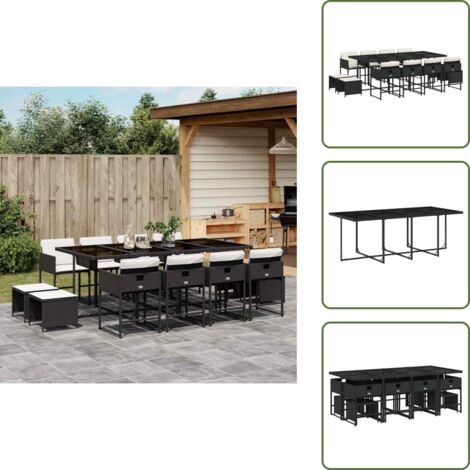 The Living Store Set da Pranzo da Giardino 13pz con Cuscini Nero in Polyrattan - Sedie da giardino