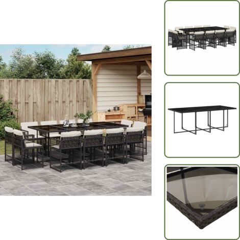 The Living Store Set da Pranzo da Giardino 13pz con Cuscini Nero in Polyrattan - Sedie da giardino
