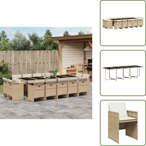 The Living Store Set da Pranzo da Giardino 15 pz con Cuscini Beige in Polyrattan - Sedie da giardino