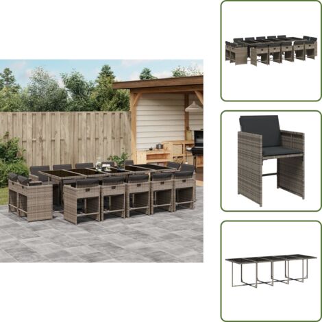 The Living Store Set da Pranzo da Giardino 15 pz con Cuscini Grigio Polyrattan - Sedie da giardino