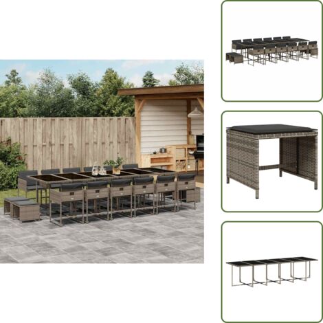 The Living Store Set da Pranzo da Giardino 17pz con Cuscini Grigio in Polyrattan - Sedie da giardino