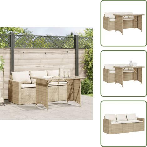 The Living Store Set da Pranzo da Giardino 2 pz con Cuscini Beige in Polyrattan - Tavolo da giardino