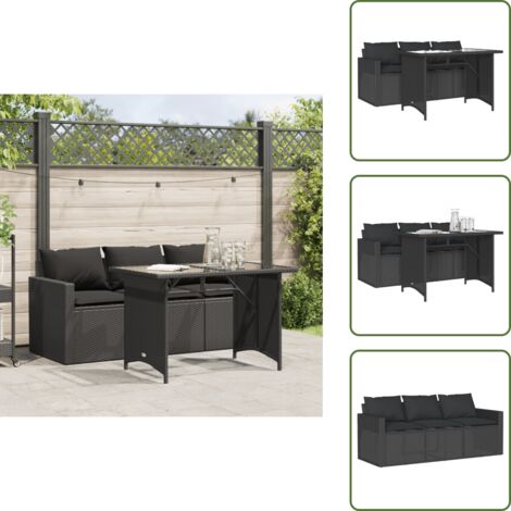 The Living Store Set da Pranzo da Giardino 2 pz con Cuscini Nero in Polyrattan - Tavolo da giardino