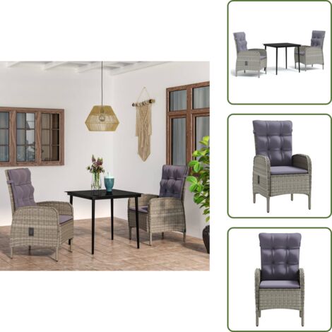 The Living Store Set da Pranzo da Giardino 3 pz con Cuscini Grigio e Nero - Tavolo da pranzo esterno