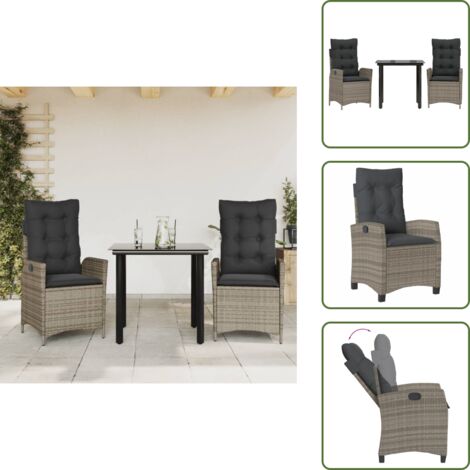 The Living Store Set da Pranzo da Giardino 3 pz con Cuscini in Polyrattan Grigio - Sedie da giardino reclinabili